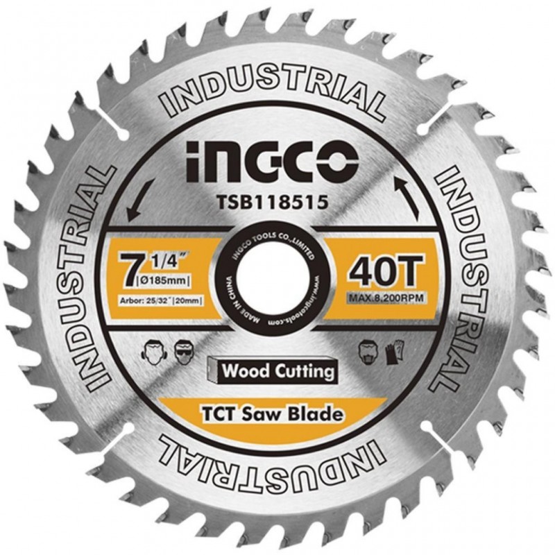 Hoja de Sierra Circular Industrial INGCO 185mm/7 1/4" 40 Dientes (TSB118515) - Precisión y Rendimiento para Cortes Profesionales Hoja de Sierra Circular Industrial INGCO 185mm/7 1/4" 40 Dientes (TSB118515) - Precisión y Rendimiento para Cortes Profesionales