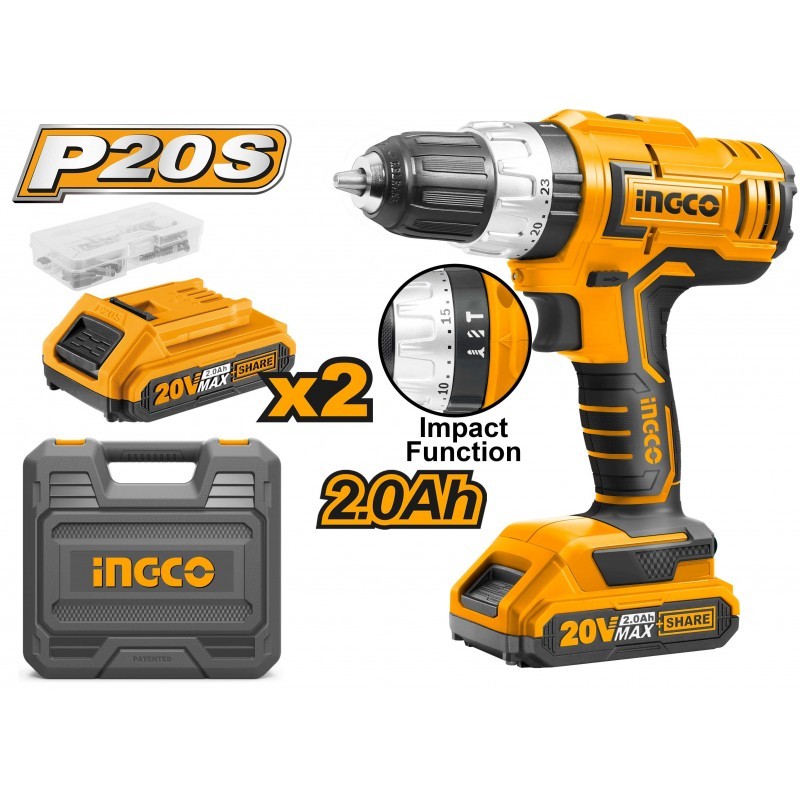 Taladro Percutor Industrial + 2 Baterías 2Ah y Cargador 20V/13mm INGCO (CIDLI20031) - Potencia y Versatilidad para Proyectos Exi Taladro Percutor Industrial + 2 Baterías 2Ah y Cargador 20V/13mm INGCO (CIDLI20031) - Potencia y Versatilidad para Proyectos Exi