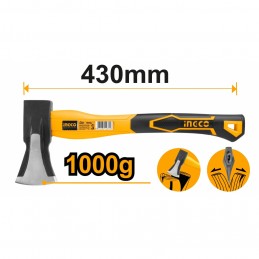 Hacha de Mano con Mango de Fibra de Vidrio de 43 cm y 1000 gramos INGCO (HAX03010008) - Potencia y Precisión en Trabajos de Cort