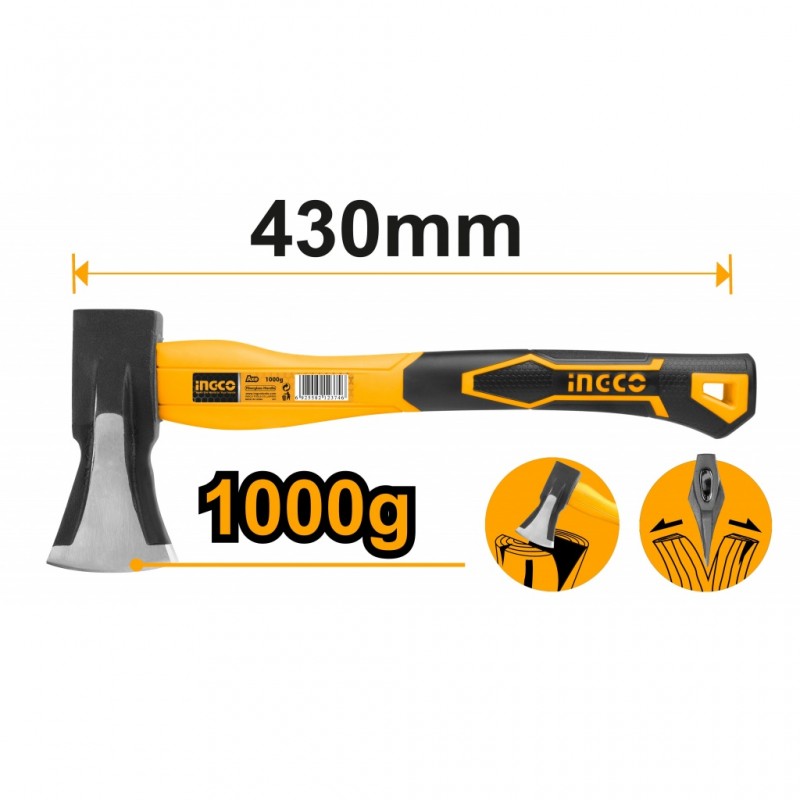 Hacha de Mano con Mango de Fibra de Vidrio de 43 cm y 1000 gramos INGCO (HAX03010008) - Potencia y Precisión en Trabajos de Cort
