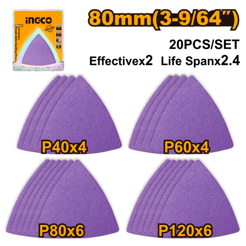 Set de Lijas Delta de Zirconio INGCO - 20 Piezas, Grano P40-120, 80 mm - Lijado Industrial de Alta Calidad Set de Lijas Delta de Zirconio INGCO - 20 Piezas, Grano P40-120, 80 mm - Lijado Industrial de Alta Calidad