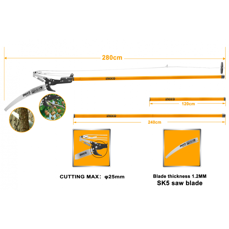 Tijera INGCO Corta Ramas con Mango Extensible 2.4m - Herramienta de Jardinería Eficiente Tijera INGCO Corta Ramas con Mango Extensible 2.4m - Herramienta de Jardinería Eficiente
