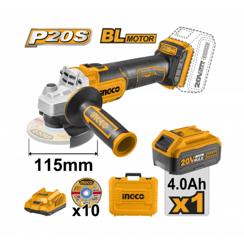 Esmeril Inalámbrico INGCO 115 mm 20V – Brushless con batería y accesorios