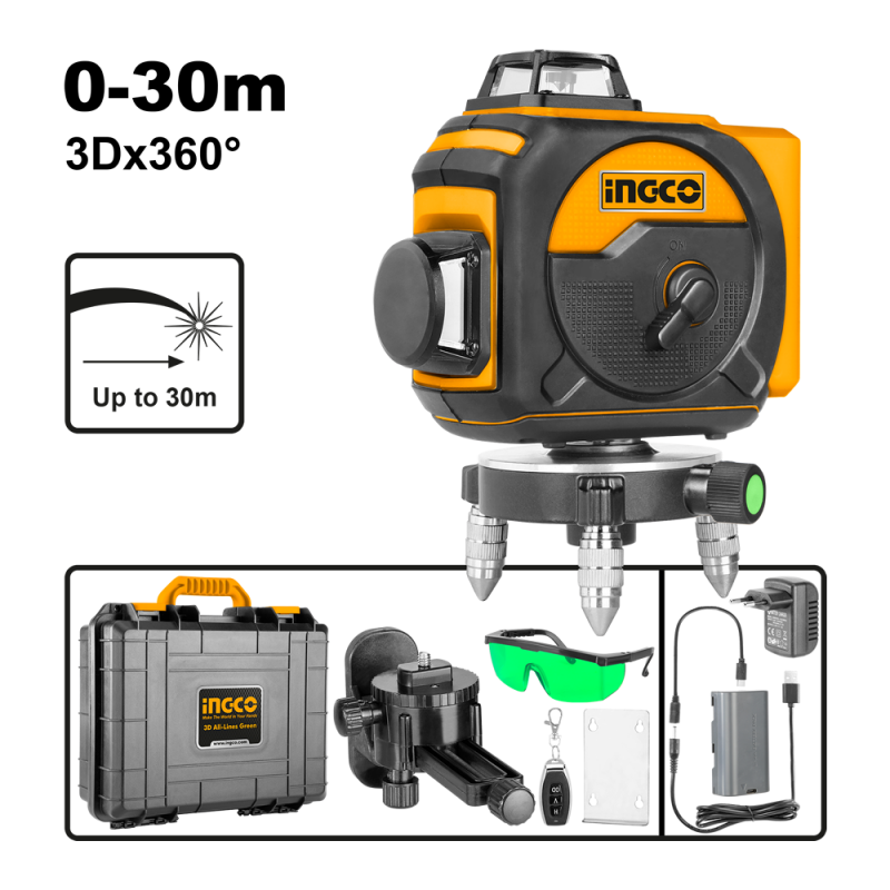 Nivel Laser 3D Autonivelante Pro Rayo Verde INGCO HLL255267 - Precision y facilidad en tus proyectos