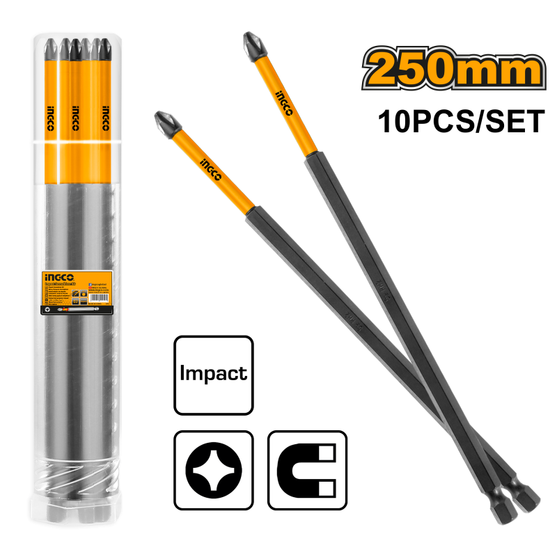 Juego de 10 Puntas Largas Ingco S2 PH2 1/4" x 250mm (SDBIM11PH2103) - Alta Durabilidad y Precisión Juego de 10 Puntas Largas Ingco S2 PH2 1/4" x 250mm (SDBIM11PH2103) - Alta Durabilidad y Precisión