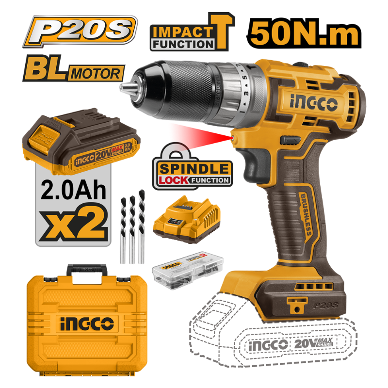 Taladro de Impacto Sin Escobillas INGCO Inalámbrico 20V con 2 Baterías y Cargador CIDLI20508 Taladro de Impacto Sin Escobillas INGCO Inalámbrico 20V con 2 Baterías y Cargador CIDLI20508