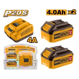 Cargador Rápido + 2 Baterías de 4Ah 20V (FBCPK1424) INGCO - Compatibles con Herramientas P20S"
