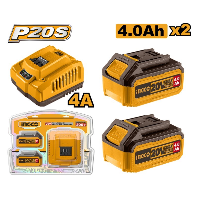 Cargador Rápido + 2 Baterías de 4Ah 20V (FBCPK1424) INGCO - Compatibles con Herramientas P20S"