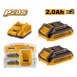 Cargador Rápido + 2 Baterías de 2Ah 20V (FBCPK1222) INGCO - Compatible con Herramientas 20V