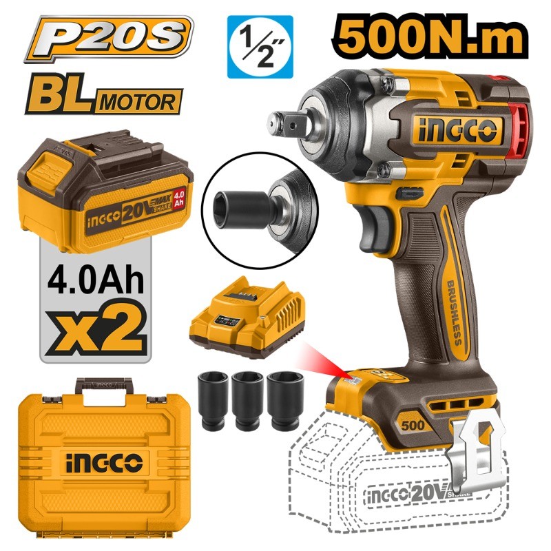 LLAVE DE IMPACTO 1/2'' INALÁMBRICA 20V INGCO - 500Nm, 2 Baterías 4.0Ah y Cargador | CIWLI2050 LLAVE DE IMPACTO 1/2'' INALÁMBRICA 20V INGCO - 500Nm, 2 Baterías 4.0Ah y Cargador | CIWLI2050