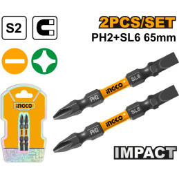 Juego de Puntas de Impacto PH2 + SL6 INGCO SDBIM72HL665 – 65mm, Alta Resistencia y Precisión (2 Piezas)