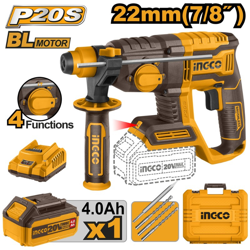 Rotomartillo Inalámbrico INGCO 20V | Motor Brushless, SDS Plus, Batería 4.0Ah y Cargador Rotomartillo Inalámbrico INGCO 20V | Motor Brushless, SDS Plus, Batería 4.0Ah y Cargador