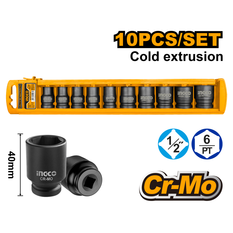 Juego de Dados de Impacto 1/2" DR 10 Pzs INGCO (HKISSD12101) – Alta Resistencia y Precisión Juego de Dados de Impacto 1/2" DR 10 Pzs INGCO (HKISSD12101) – Alta Resistencia y Precisión
